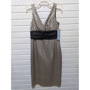 London Times Women's Black & Cream Sleeveless V-Neck Silky Midi Dress Size 8 NWT